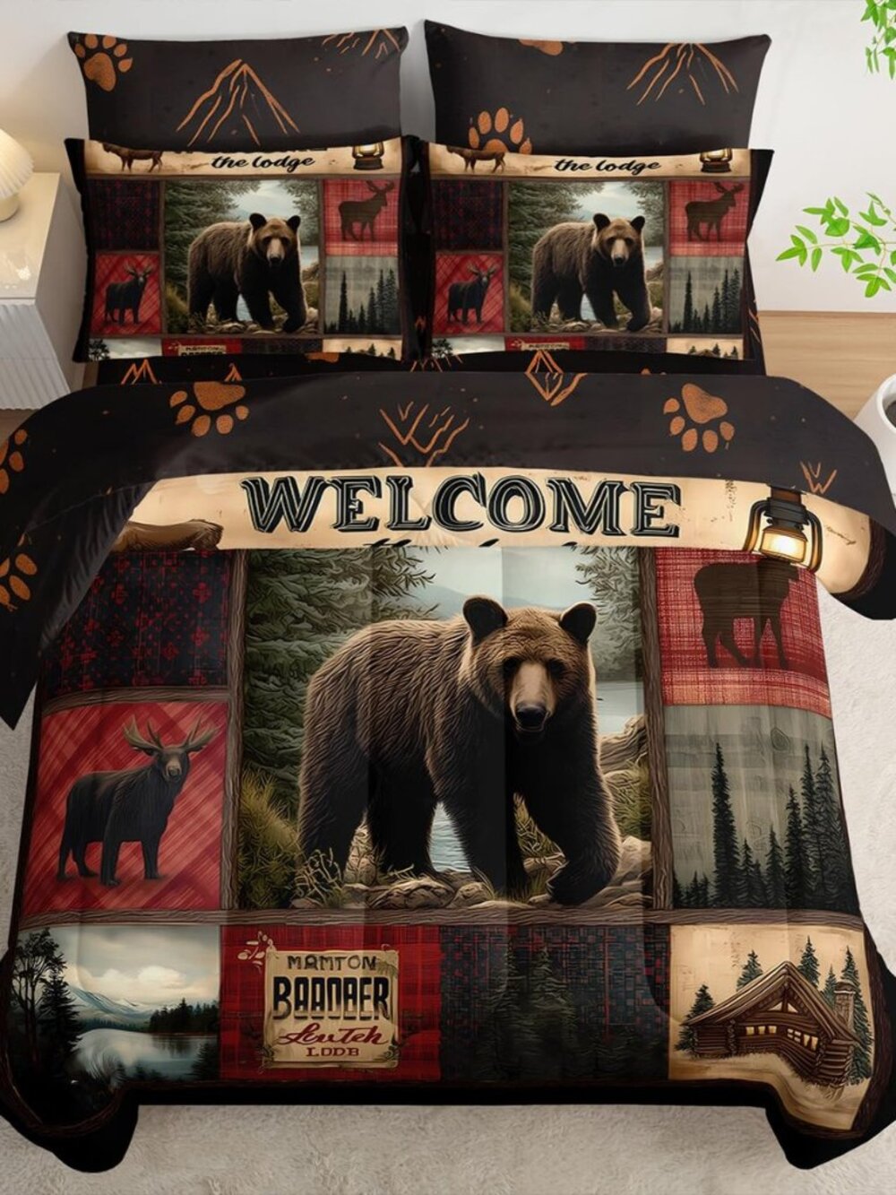 Rustic Bear Comforter Set Queen Size,Cabin Plaid Bear & Deer Hunting